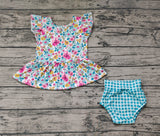 GBO0257 Flower Floral Blue Plaid Cute Baby Bummie Set