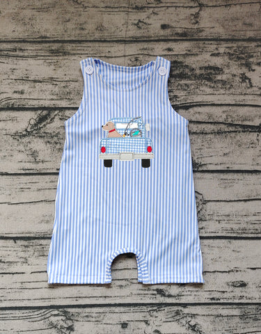 Preorder SR1170 Embroidery Dog Blue Stripe Baby Boy Romper