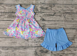 GSSO0547 Flower Floral Blue Bow Girls Shorts Set