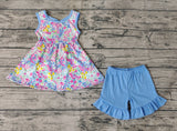GSSO0547 Flower Floral Blue Bow Girls Shorts Set