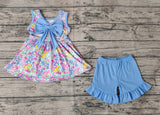 GSSO0547 Flower Floral Blue Bow Girls Shorts Set