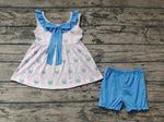GSSO0723 Pink Flower Blue Bow Tie Shorts Girl Set