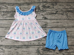 GSSO0723 Pink Flower Blue Bow Tie Shorts Girl Set
