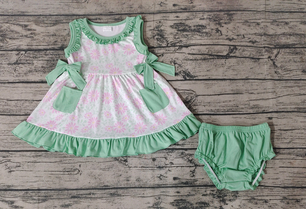 GBO0292 Flower Green Baby Girl Bummie Set