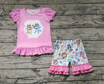 GSSO0823 Cartoon Blue Dog Pink Girls Shorts Set