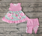 GSSO0851 Flower Pink Plaid Girls half pants Set