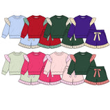 Preorder MOQ 5 pcs Each Color Solid Color Stripe Ruffles Shorts Girls Set