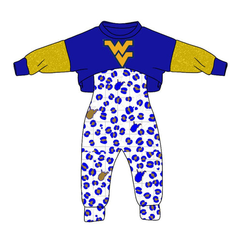 MOQ 8 PCS Custom style Blue Print W Jumpsuit 2 pcs Girl's set