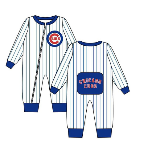 MOQ 8 pcs Custom Style Printed Blue Strips Chicago Cubs Baby zip romper