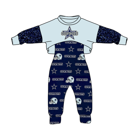 MOQ 8 PCS Custom style #19 COWBOYS Football Team Jumpsuit 2 pcs Girl's set