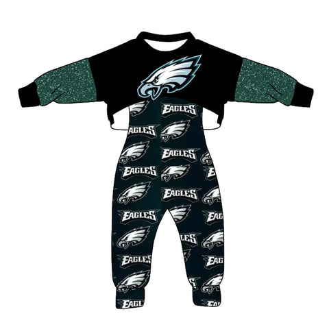 MOQ 8 PCS Custom style EAGLES Black Jumpsuit 2 pcs Girl's set