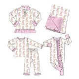 Preorder MOQ 5 pcs Each Style Easter Bunny Bows Ruffles Pink Kids Matching Clothes