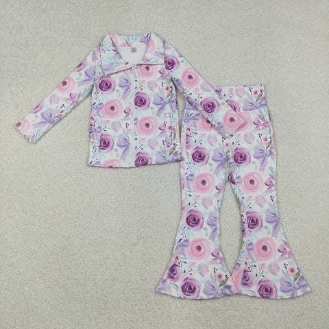 GLP2441 Flower Bows Purple Coat Sports Yoga Girls Flared Set