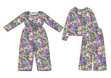 Preorder MOQ 5 pcs Each Style Mardi Gras Mask Camo Girl's Jumpsuit & Scallop Edge Set Kids Matching Clothes