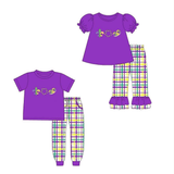 Preorder MOQ 5 pcs Each Style Mardi Gras Plaid Purple Kids Matching Clothes