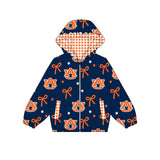 MOQ 5 pcs Custom Style Team AUBURN Bows Hoodie Kids Girls Zipper Coat