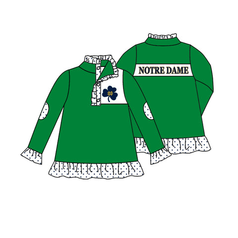MOQ 8 pcs Custom Style NOTRE DAME Green Pullover Ziper Shirt Top Girl
