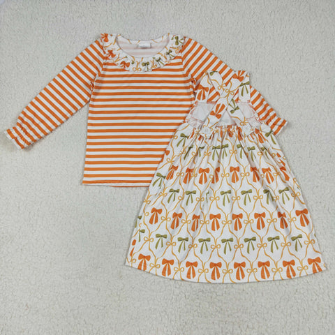 GLD1110 Fall Bows Orange Stripe Girls Dress 2 pcs Set