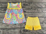 GSSO0337 Summer Lilly prints Flower Sleeveless Yellow Pockets Girl's Shorts Set