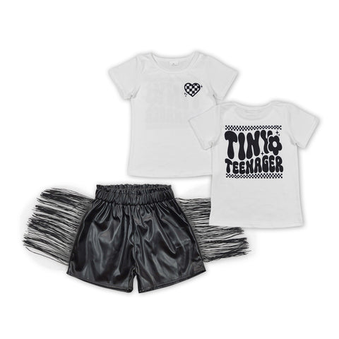 GSSO1419 Fashion TINY TEENAGER Black Leather Shorts Tassel Girl's Set