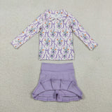 GLD1416 Flower Bouquet Bows Purple Yoga Pullover Girls Pleated Skorts Set