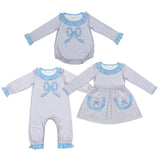 Cute Bows Blue Kids Sibling Matching Clothes