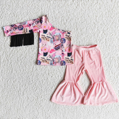 SALE 6 A30-18 Western Pink Golden velvet Tassel Girl's Set