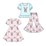 Preorder MOQ 5 pcs Each Style Easter Bunny Dots Bows Love Kids Matching Clothes
