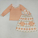 GLD1110 Fall Bows Orange Stripe Girls Dress 2 pcs Set