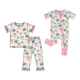 Preorder MOQ 5 pcs Each Style Saint Patrick Leaves Bows Pink Ruffles Kids Matching Clothes