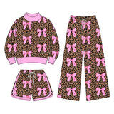 Preorder MOQ 5 pcs Each Leopard Bows Pink Middle Neckline Girls Set