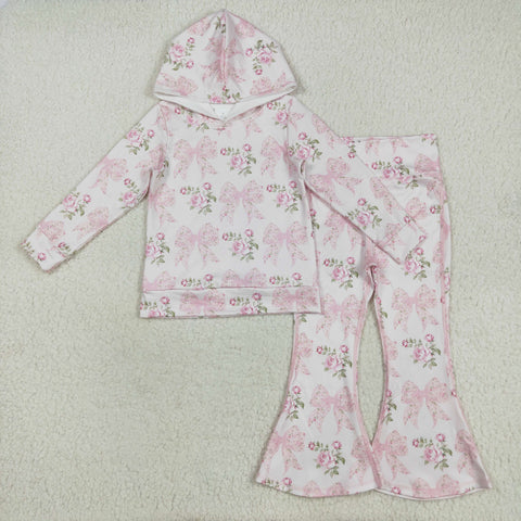 GLP2614 Flower Bows Pink Hoodie Girls Flared Set