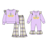Preorder MOQ 5 pcs Each Style Mardi Gras Mask Print Plaid Ruffles Kids Matching Clothes