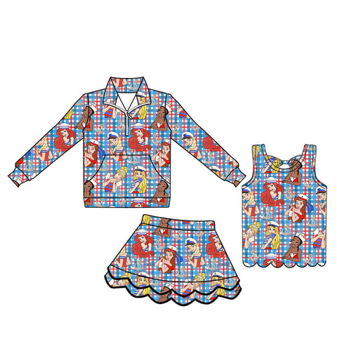 MOQ 30 pcs Custom Style Cartoon Pullover Girls Skorts 3 Pcs Set