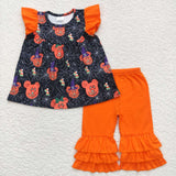 A4-13 Girl's Halloween Cartoon mouse Pumpkin Orange Cropped trousers Set