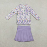 GLD1416 Flower Bouquet Bows Purple Yoga Pullover Girls Pleated Skorts Set