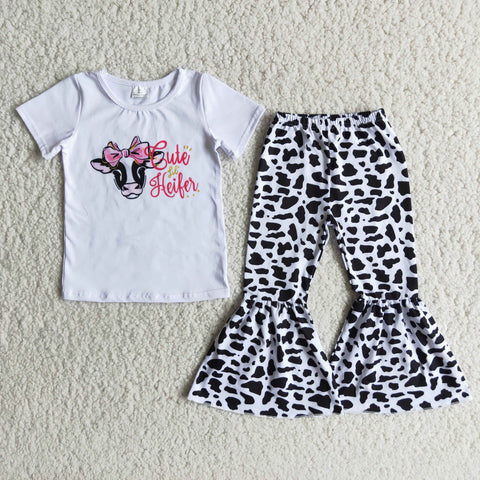 SALE B4-21 Girl's Cute Heifer White Black Cows Leopard Short Sleeves Girl's Set