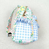 BA0097 Blue Plaid Floral Flower Pink Backpack Bag