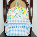 BA0097 Blue Plaid Floral Flower Pink Backpack Bag