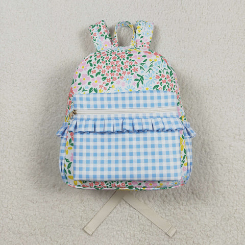 BA0097 Blue Plaid Floral Flower Pink Backpack Bag