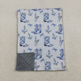 BL0229 Western Boots Flower Bows Blue Baby Newborn Blanket