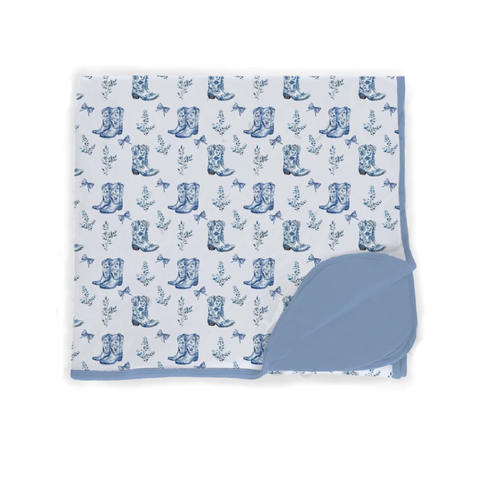 Preorder 11.04 MOQ 5 pcs BL0229 Western Boots Flower Bows Blue Baby Newborn Blanket