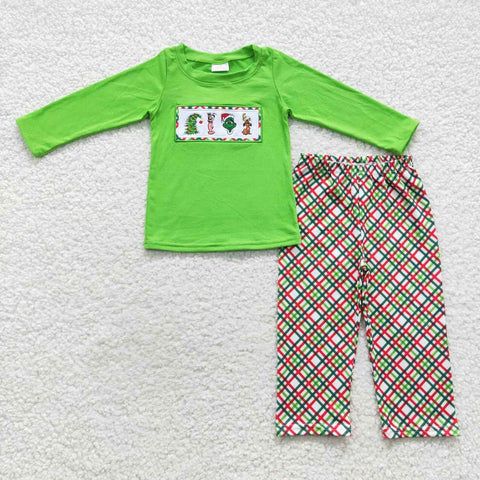 BLP0176 Embroidery Christmas Green Plaid Boy's Set