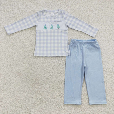 BLP0178 Embroidery Christmas Trees Plaid Boy's Pajamas set