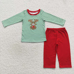 BLP0180 Embroidery Christmas Deer Elk Green Stripe Red Boy's Pajamas set