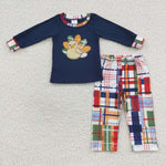 BLP0191 Embroidery Thanksgiving Turkey Blue Boy's set