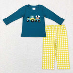 BLP0196 Embroidery Farm Truck Green Cow Yellow Plaid Boy's set