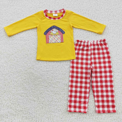 BLP0198 Embroidery Appliqué Farm Chick Yellow Red Plaid Boy's set
