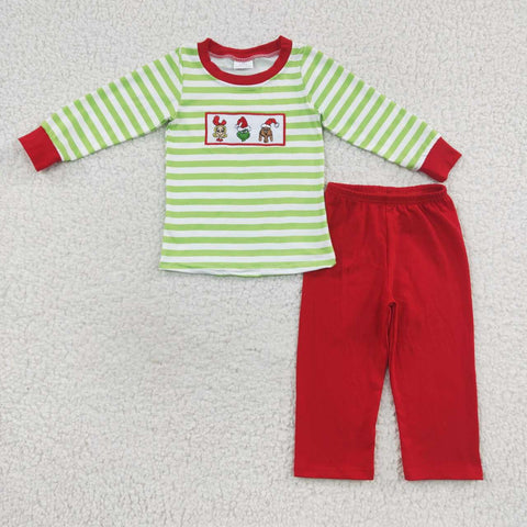 BLP0199 Embroidery Christmas Green Stripe Red Boy's set