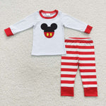 BLP0205 Embroidery Cartoon Mouse Red Stripe Boy's Pajamas Set